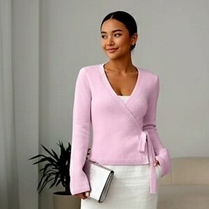 Elegant Pink Wrap V-Neck Sweater with Side Tie